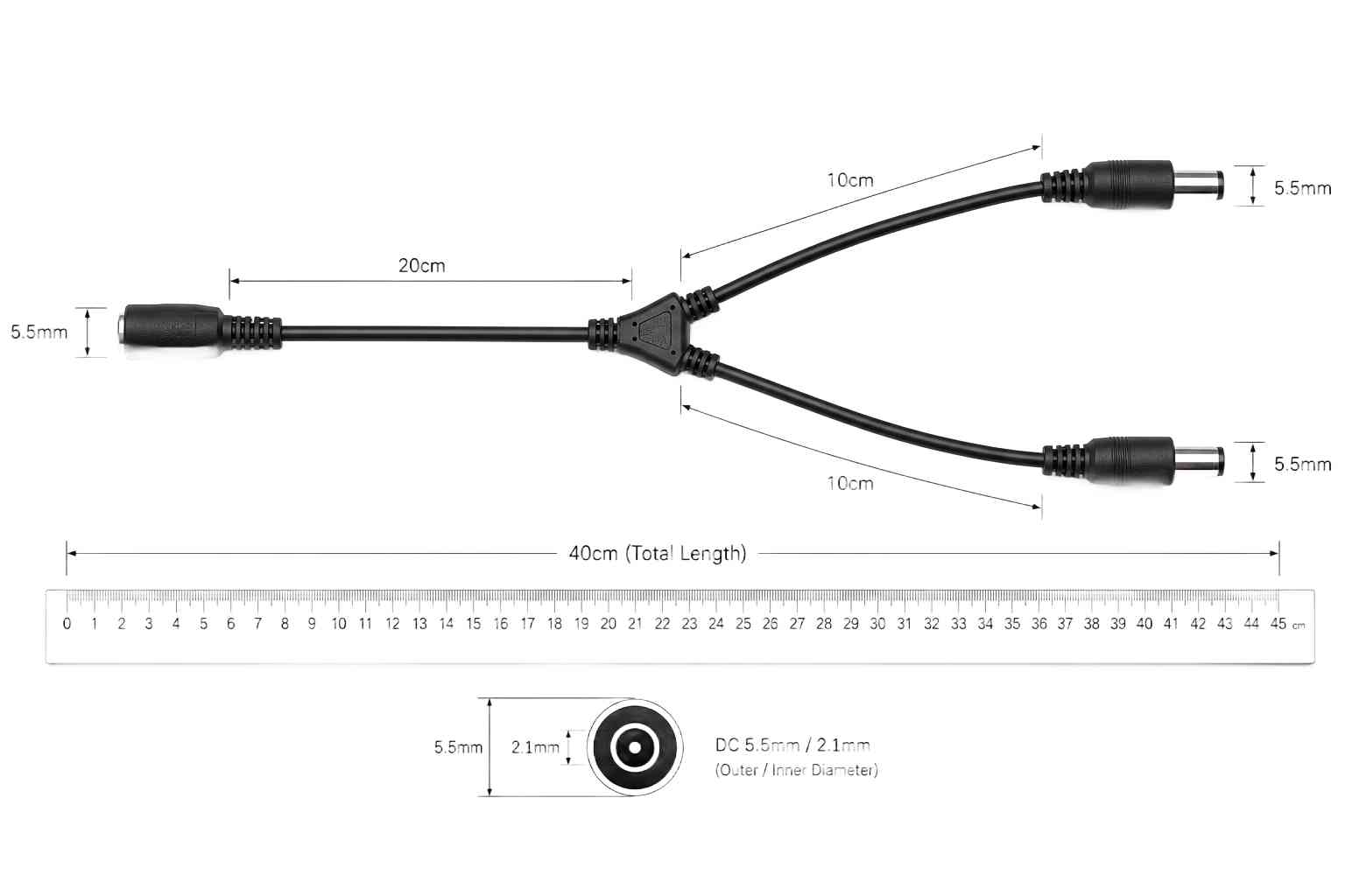 DC rozbočovač 2 výstupy - schéma zapojení vstupu a výstupů 2,1/5,5mm